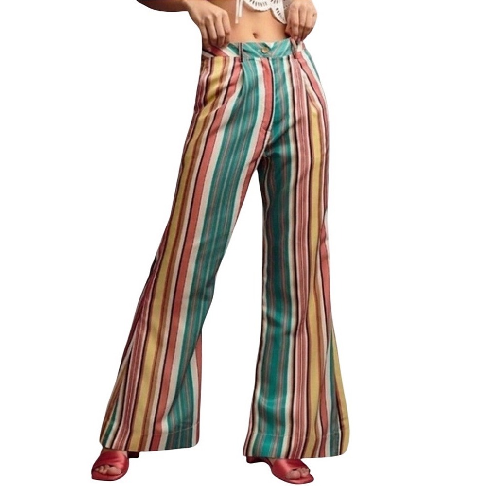 Anthropologie Tiny‎ Camelia Striped Wide Leg Pants Multicolor Satin High Rise 6